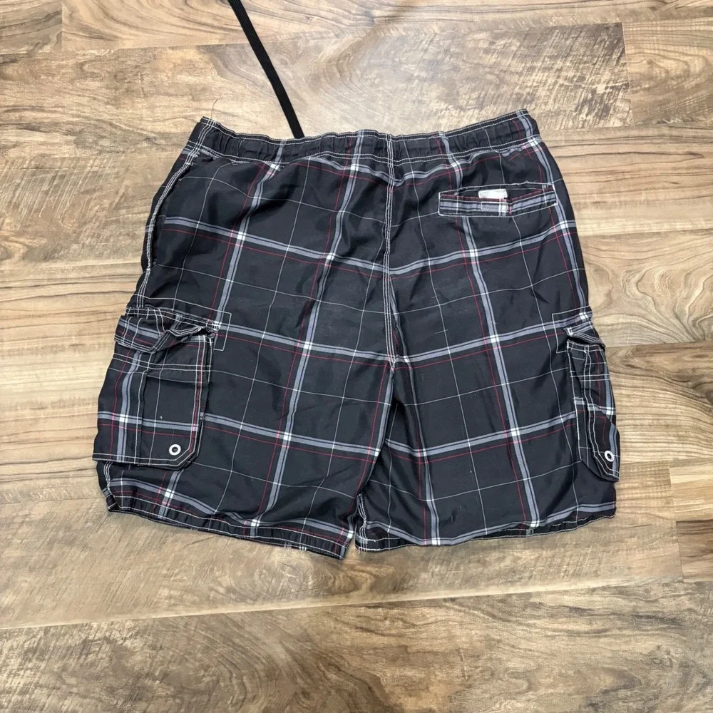 Vintage Y2K OP Board Shorts Mens Large Black Plaid Cargo Swim Trunks 2000s Surf